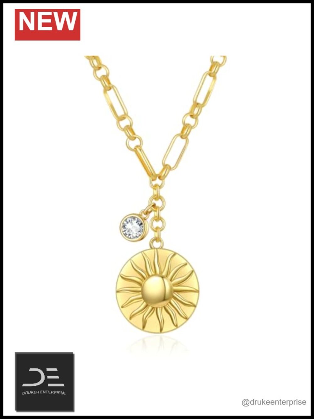 14K Gold Sun Pendant Necklace with Cubic Zirconia, Adjustable Chain
